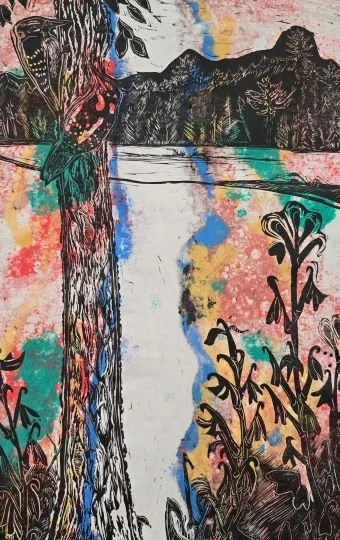 Birds and Flowers (Barn Meadow Series). 2024. Lino print on Artist Handmade Paper. Sold. Private Collection. 