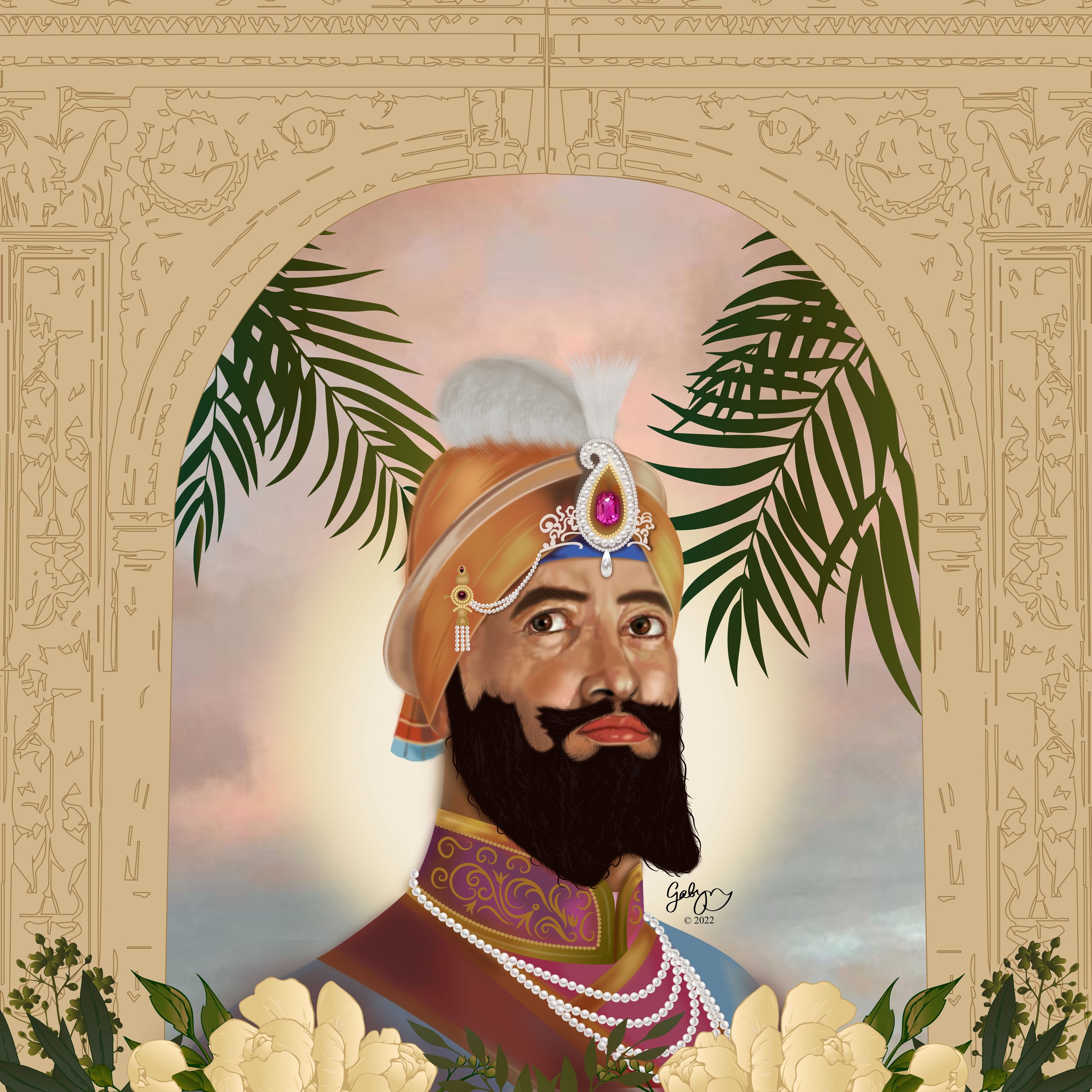 Guru Gobind Singh Ji – This piece surrounds Guru Gobind Singh Ji with vivid colours and natures beauty. I feel that these components can energise the viewer as it radiates the energy, fighting spirit and humanity of the Guru.