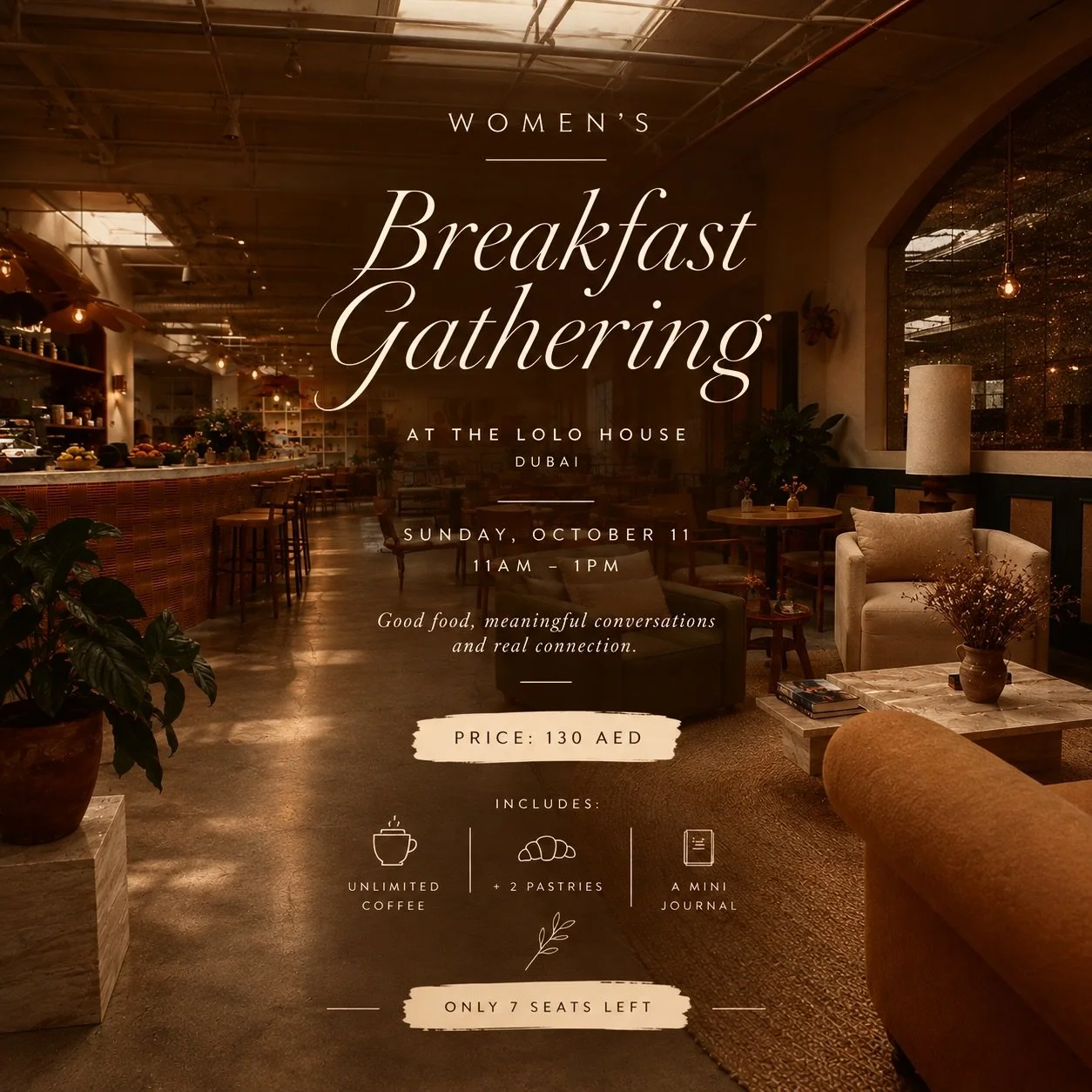 ONLY 4 SEATS LEFT✨ This Sunday, from 11-1pm join us for our women's gathering to bond and have wholesome conversations over coffee &amp; croissants ☕️🥐 

📍LoLo House, Al Quoz
🎟️ 130 - includes unlimited coffee &amp; 2 pastries 
⏰ 11 - 1

Link in b