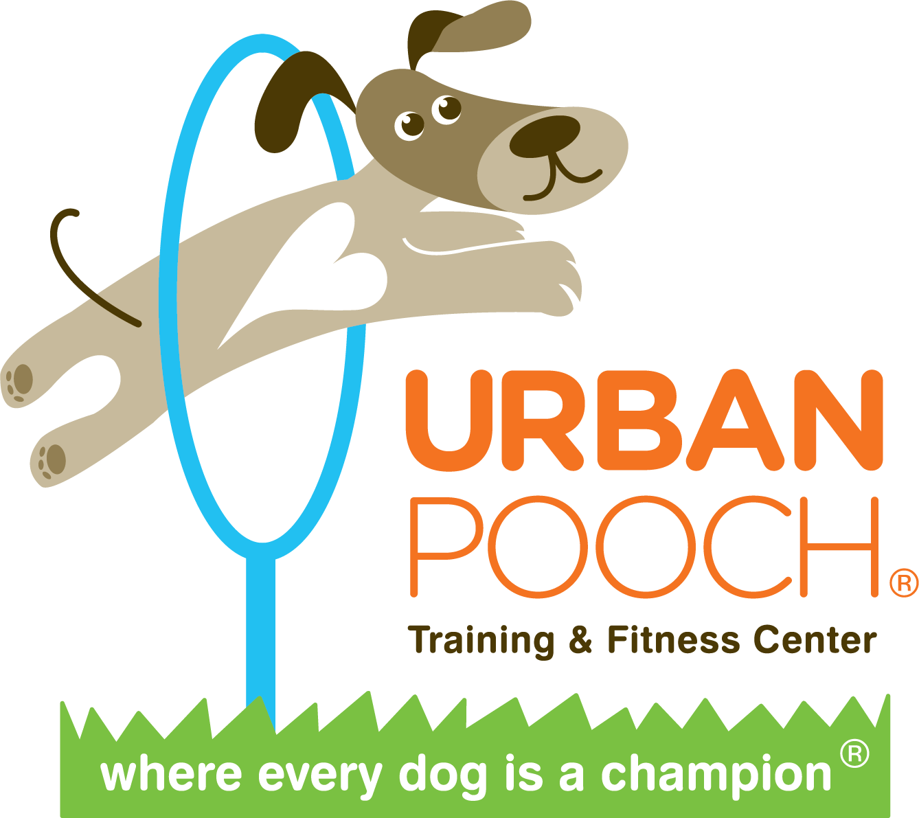 Logo for Urban Pooch Training & Fitness Center featuring a cartoon dog jumping through a blue hoop with a white heart on its chest. The dog has a friendly expression with big eyes. The logo includes the text "URBAN POOCH" in orange, "Training & Fitness Center" in brown, and the tagline "where every dog is a champion" in white on a green background.