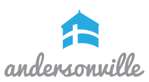 Andersonville logo with a stylized blue house and the word 'andersonville' in gray cursive font.