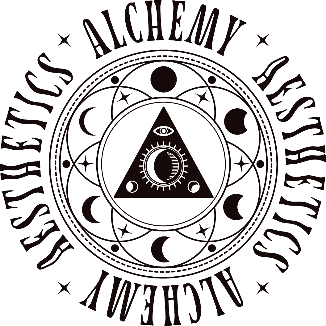 A circular design featuring an eye at the top of a triangle, a crescent moon in the center, and various symbols including stars and moons around it. The words "Alchemy &" and "Mysticism" are written around the circle.