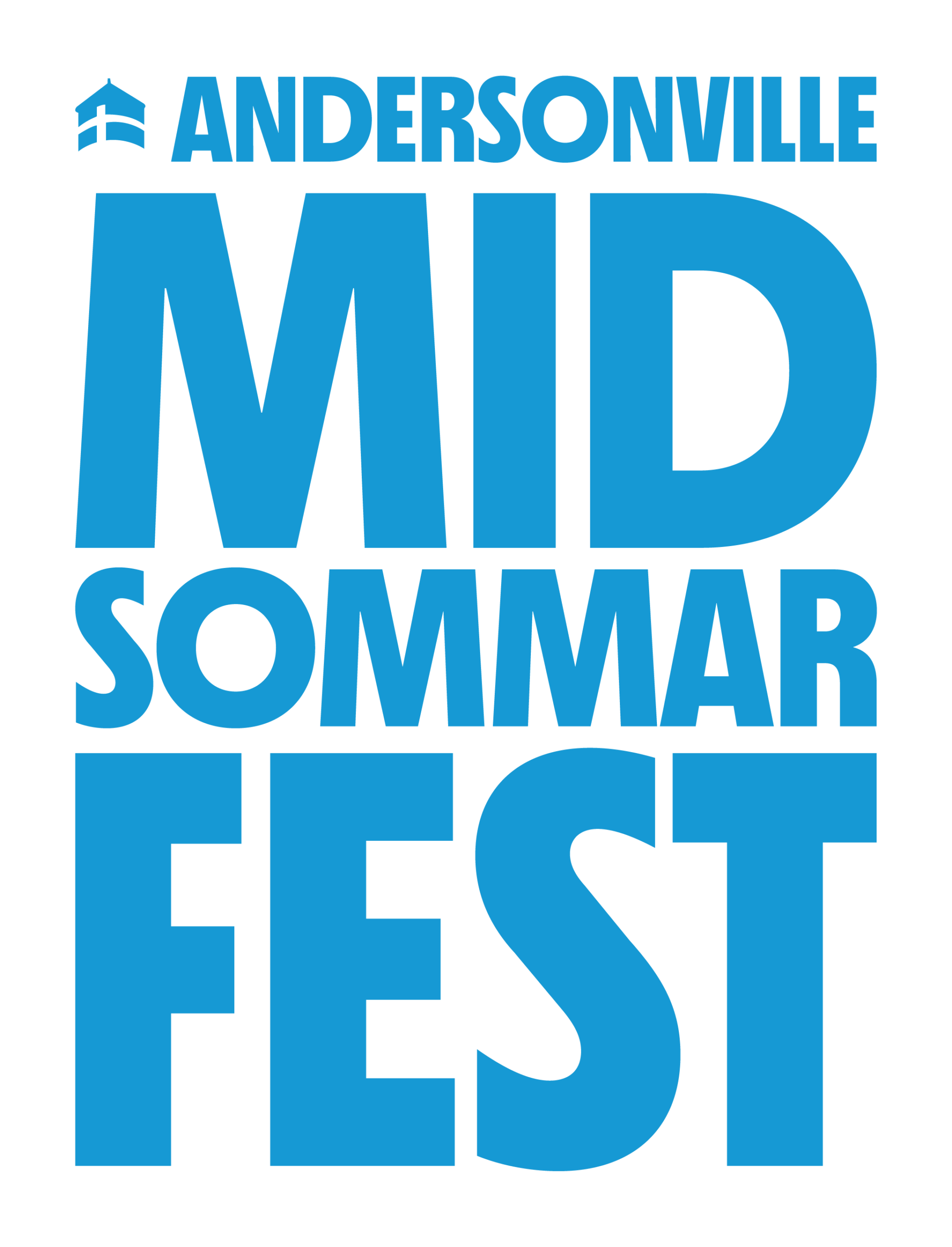 Blue text on black background reads: 'Andersonville Mid Sommerfes' with a small star-shaped icon above the text.