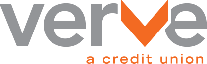 Logo of Verve Credit Union with the text 'verve' in gray and an orange checkmark-shaped symbol replacing the 'v', and 'a credit union' written below.