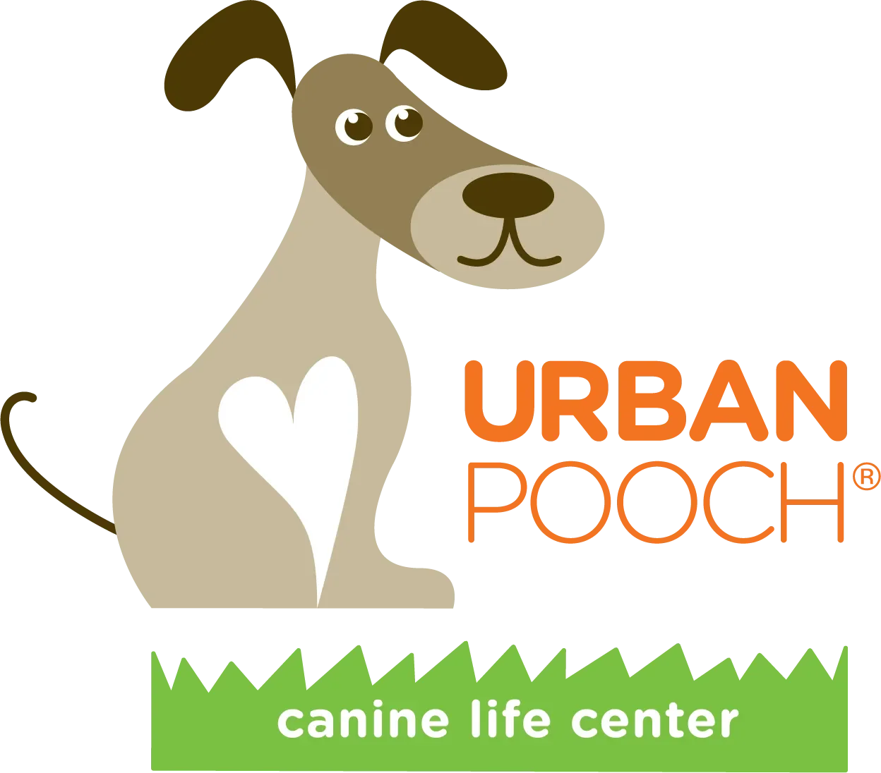 Logo of Urban Pooch Canine Life Center featuring a cartoon dog with a beige body, brown ears, and a white heart on its side, with the text 'URBAN POOCH' and 'canine life center' at the bottom.