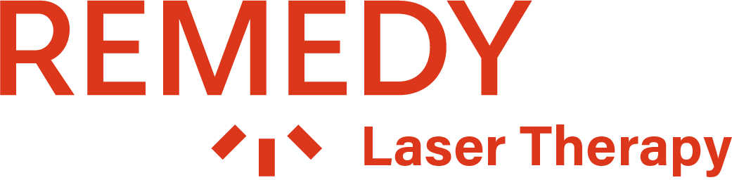 Text that says 'REMEDY Laser Therapy' with 'REMEDY' in large red font and 'Laser Therapy' in smaller red font.