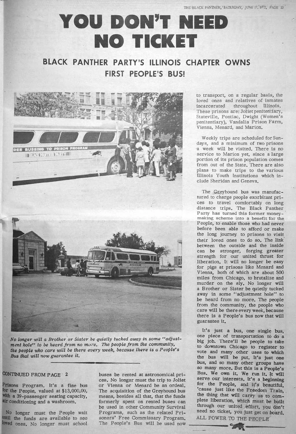 Story on the Illinois Chapter's Free Bus to Prison Program, The Black Panther Newspaper, June 19, 1972