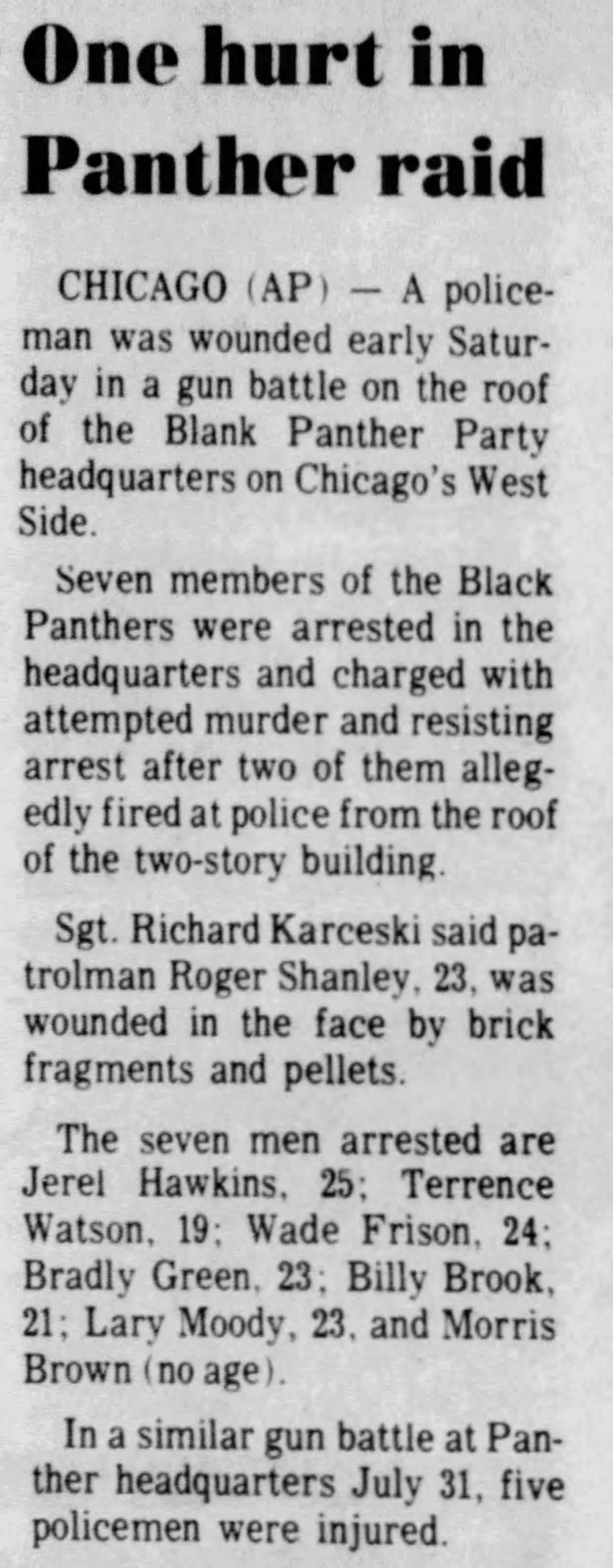 News clipping from "The Times Advocate" on Sunday, October 5, 1969. The article describes a police raid at headquarters on October 4, 1969. 