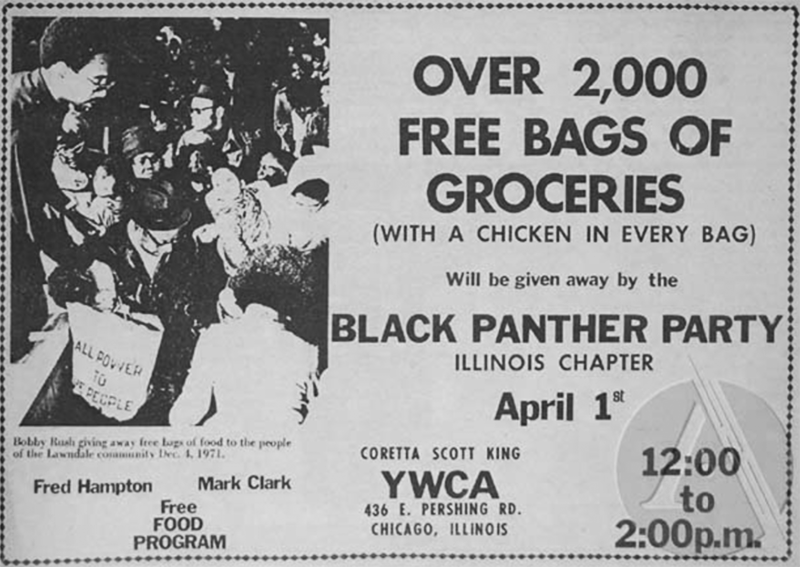 Black Panther Newspaper advertisement for an upcoming food giveaway in the Ida B. Wells area.
