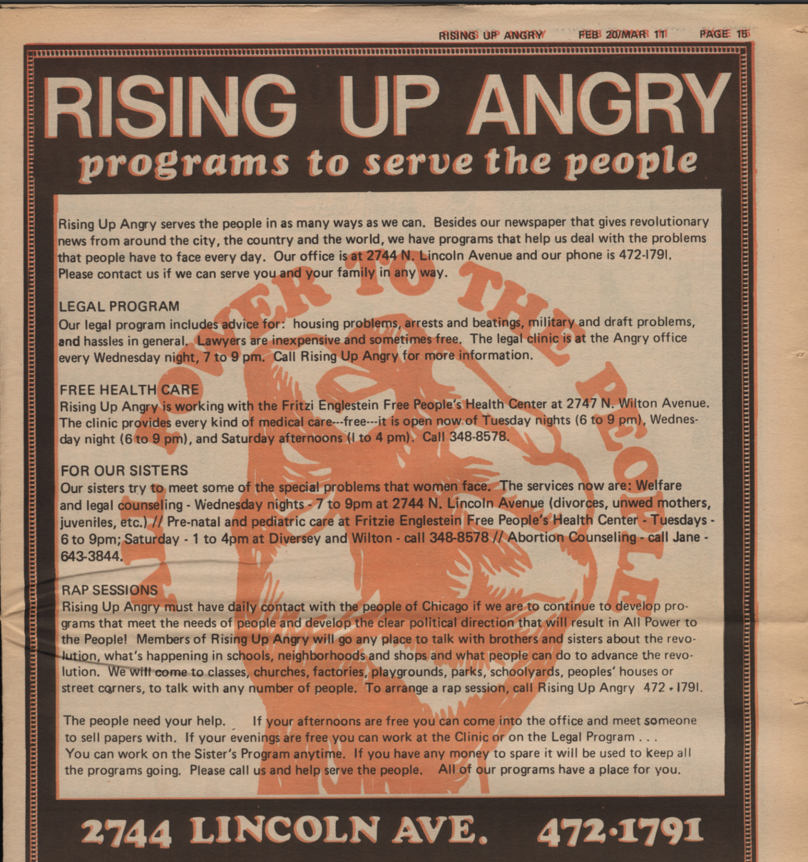 Rising Up Angry, part of the Rainbow Coalition,  started a Free Breakfast for Children program at Church of the Holy Covenant. The church was also home to the Fritzi Engelstein Free People’s Health Center, named after a woman parishioner who helped e