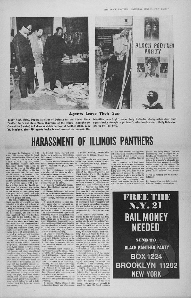 In the June 21, 1969, issue of The Black Panther, an article by Eugene Charles describes the June 4, 1969, FBI and Chicago Police raid on the Illinois Chapter headquarters. 

At 5:15 a.m., approximately 30 officers surrounded the Panthers from the ro