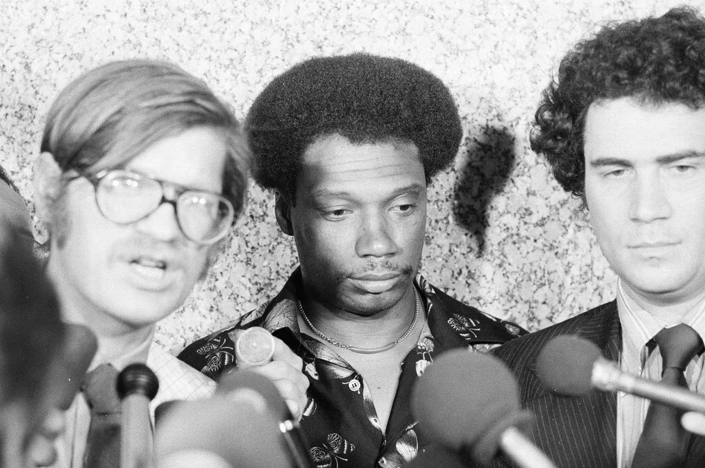 June 20, 1977, at the Federal District Court in Chicago. (l-r) Flint Taylor, Bill Hampton, Jeffrey Haas after the jury delivers a not guilty verdict in the trial of the seven police officers who executed Fred Hampton and Mark Clark and wounded four o