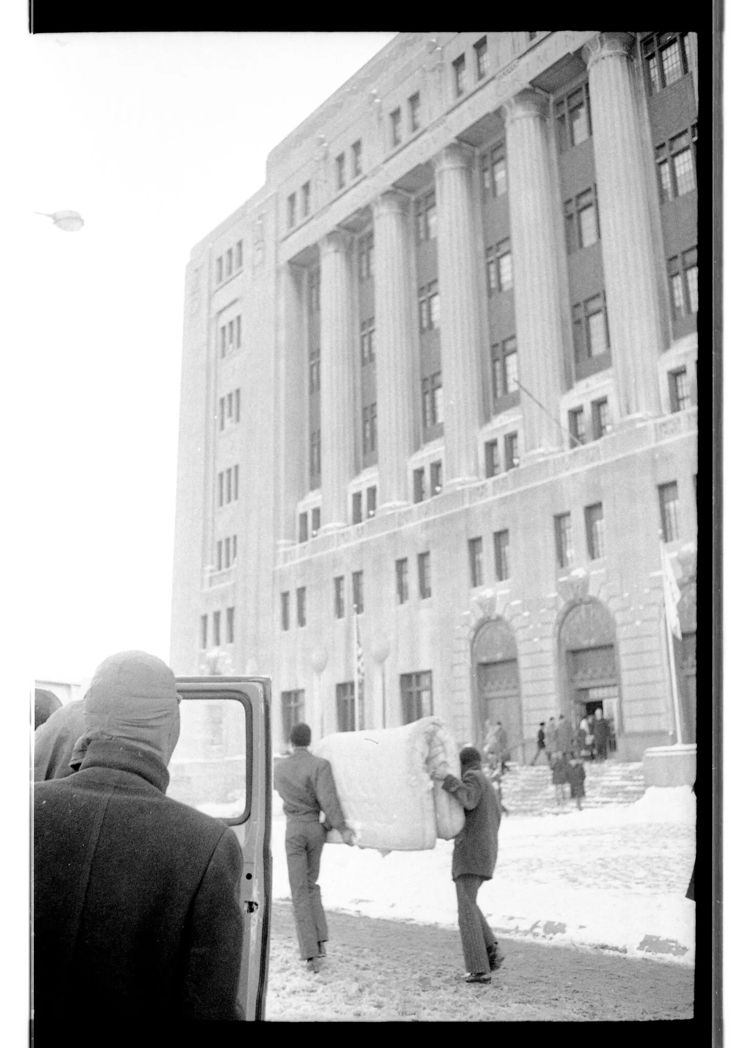 January 19, 1970. Panthers deliver evidence from the Fred Hampton and Mark Clark assassinations to the coroner's inquest. Several pieces of evidence were hidden at the Church of the Holy Covenant and Rev. Jim Reed's home. 
ST-17101282E-0040, Chicago 
