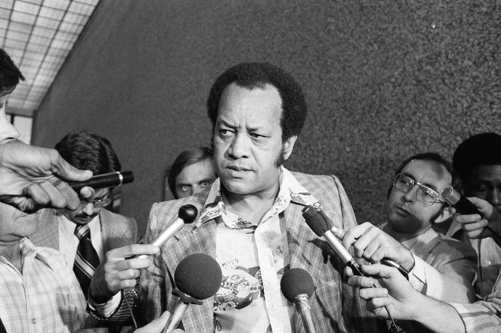 June 20, 1977, at the U.S. District Court in Chicago. Panther attorney James Montgomery, not of the People's Law Office, after seven police officers were found not guilty of the murders of Fred Hampton and Mark Clark. Photographer Jim Frost, ST-19030