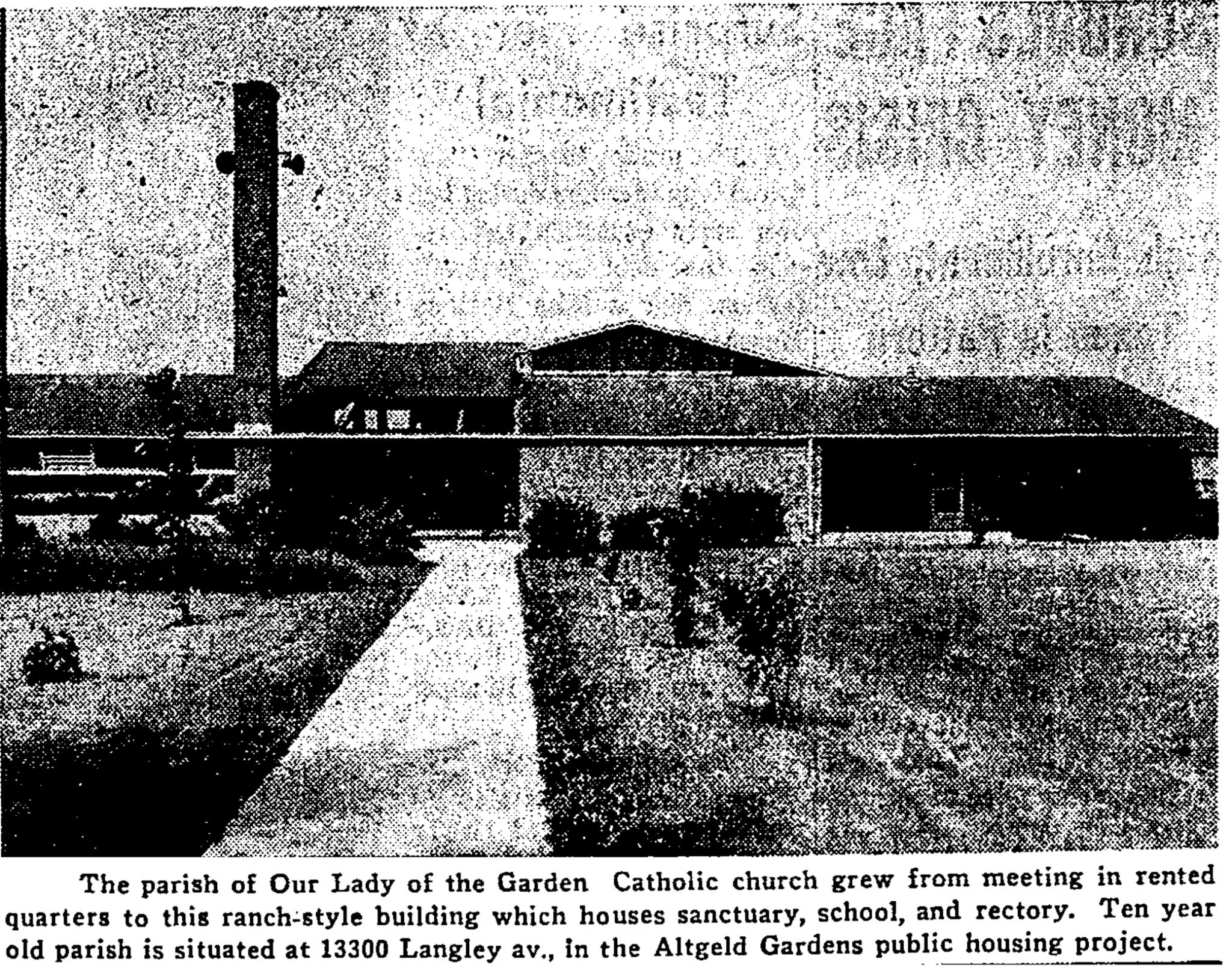 Historic photo with caption of Our Lady of the Gardens. Photo found on The Four Marks website on WordPress. Primary Photo source: Founder of Parish Is Honored: Priest Will Take New Post Chicago Daily Tribune (1923-1963); Jun 29, 1961; ProQuest Histor