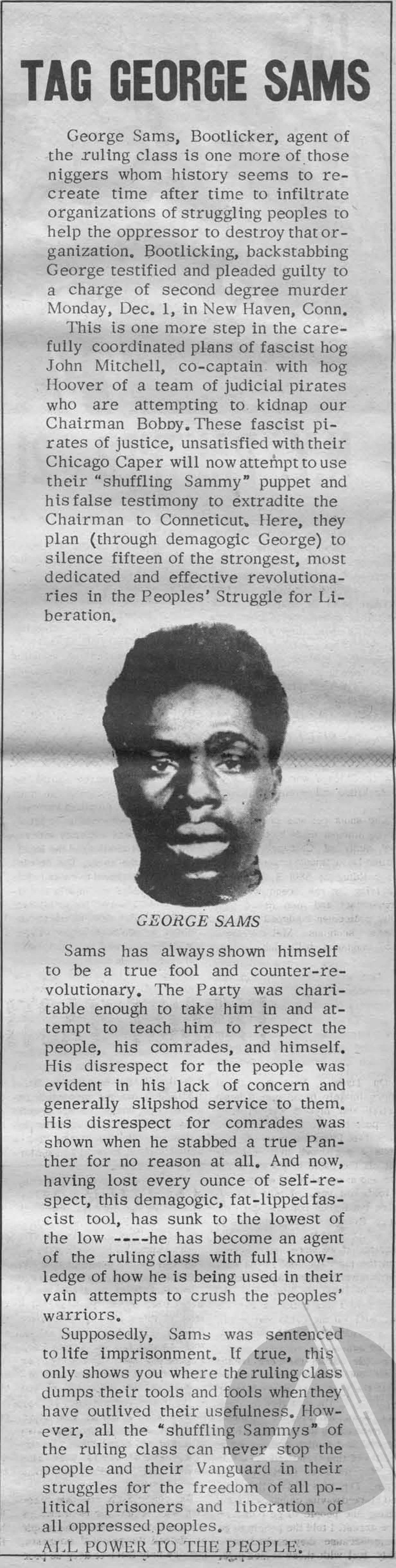 December 6, 1969, article in "The Black Panther" newspaper about George Samms before the Party found out he was an FBI informant and provocateur. Source: Marxists.org