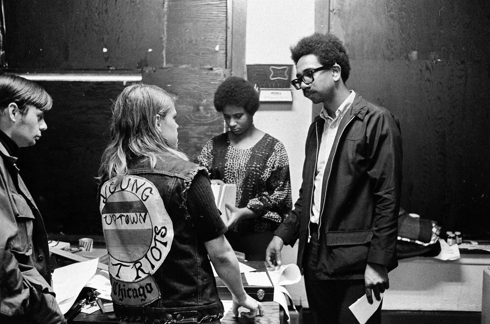 Members of the Young Patriots meet with Bobby Rush; in the background is Communications Secretary Ann Campbell. ST-19031008-0013, Chicago Sun-Times collection, Chicago History Museum