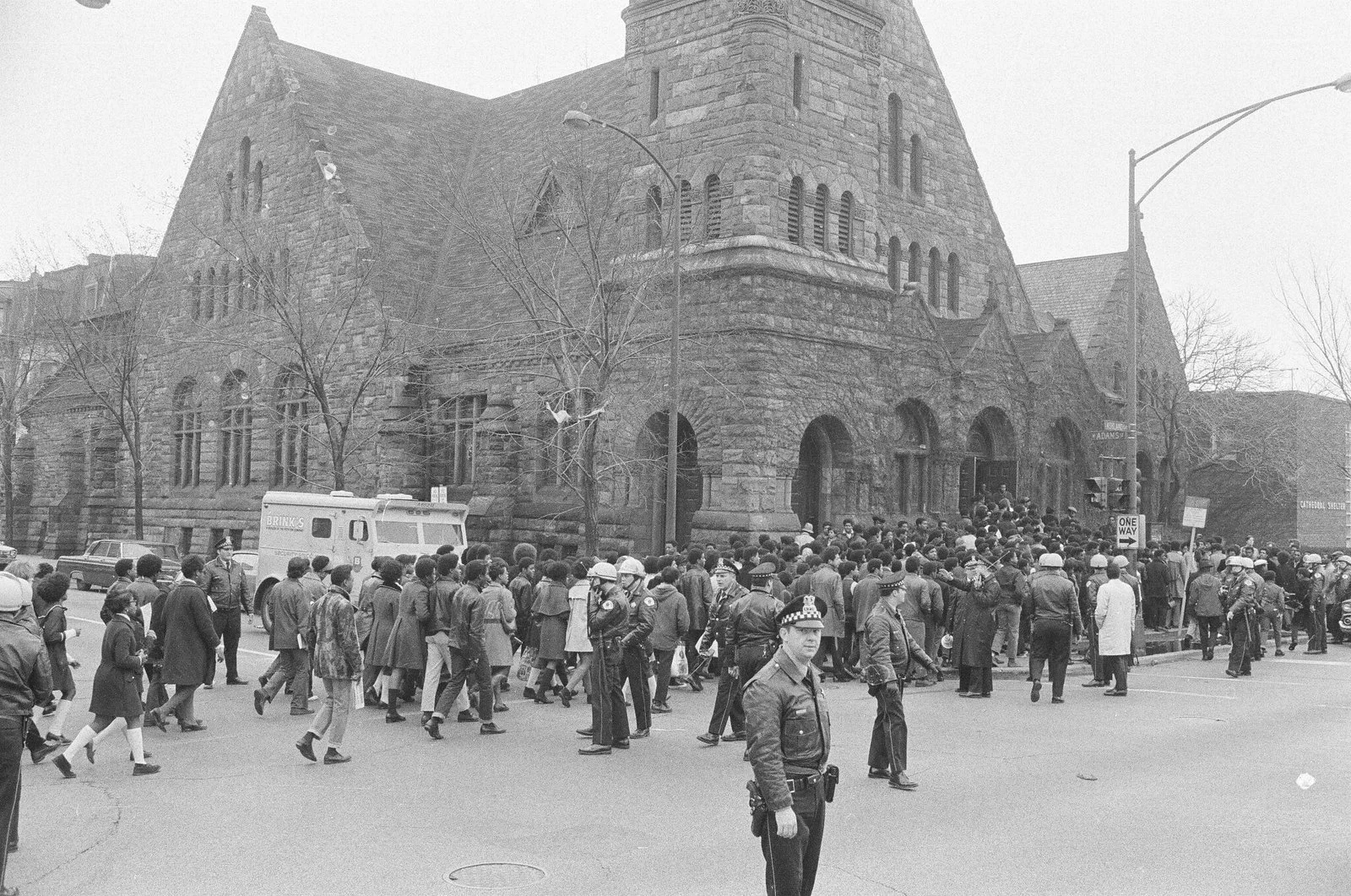 On April 12, 1970, Chicago Public School students participated in a Free Bobby Seale rally and to protest racism in schools, organized by the Panthers at Federal Plaza. After the downtown rally, the crowd marched to the People's Church for a meeting,
