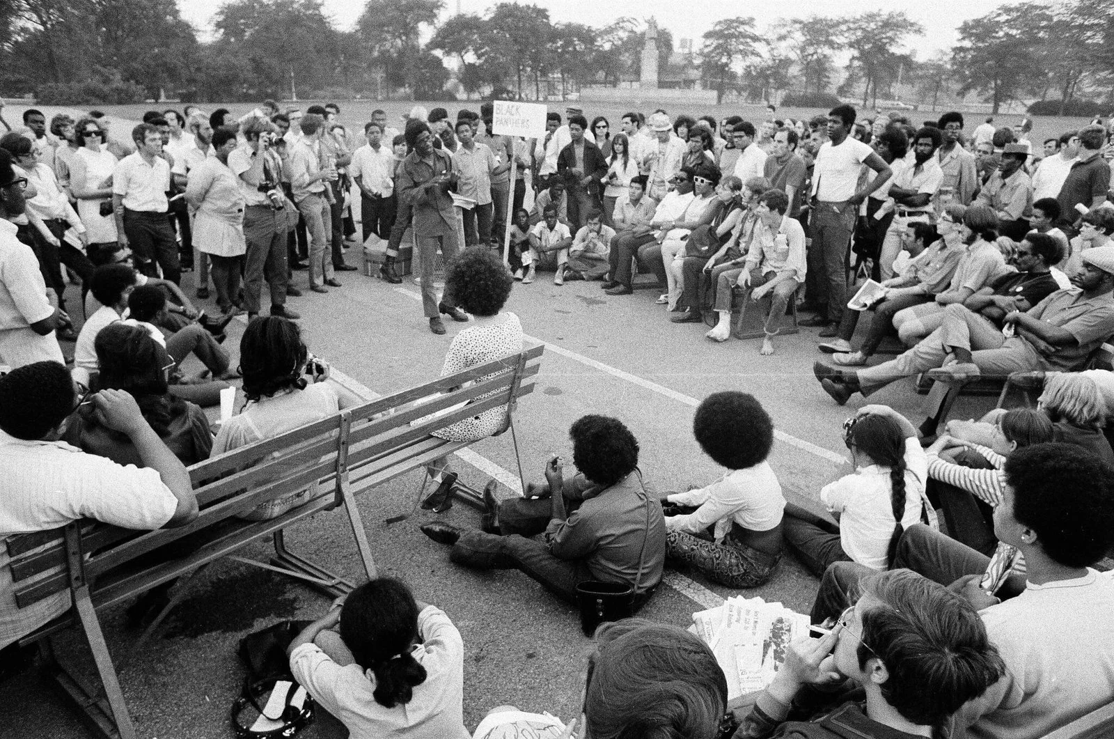 Black Panther Field Lieutenant Sam Latson at Chicago's Grant Park on Aug 28 1969, during the one-year anniversary of the 1968 Democratic Convention protest. Rallies were organized by Students for a Democratic Society. Latson, from Altgeld Gardens, wa