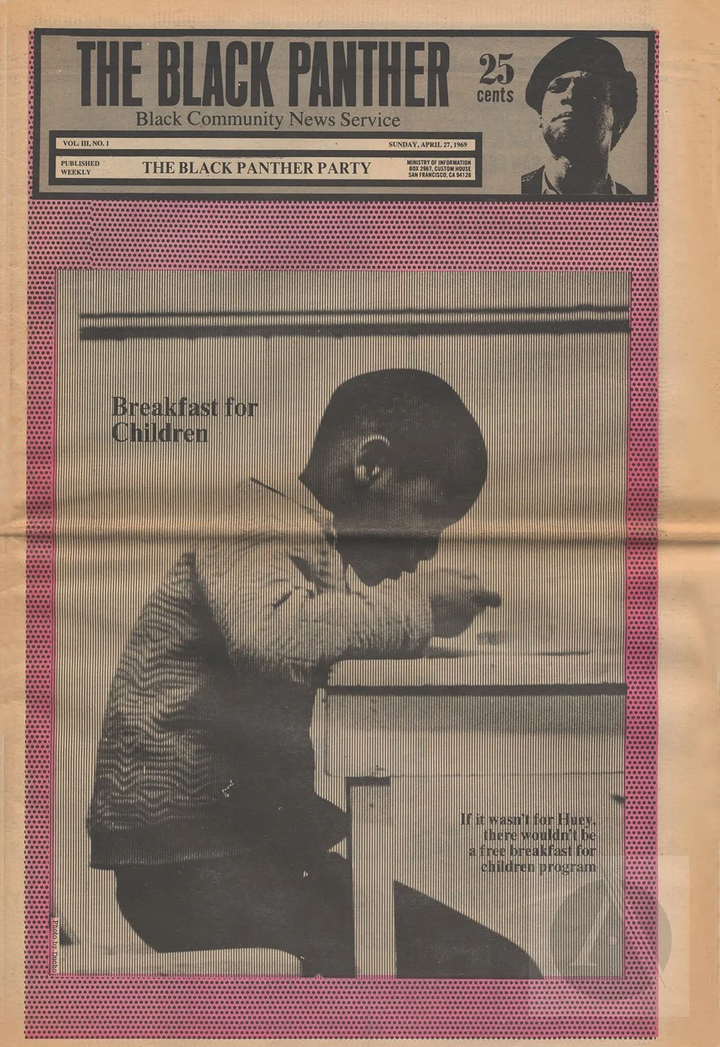 The April 27, 1969, issue of "The Black Panther" newspaper featured reports from chapters and branches around the country on the new Free Breakfast for Children Program. The Illinois Chapter's program began on April 1, 1969, at the Better Boys Founda