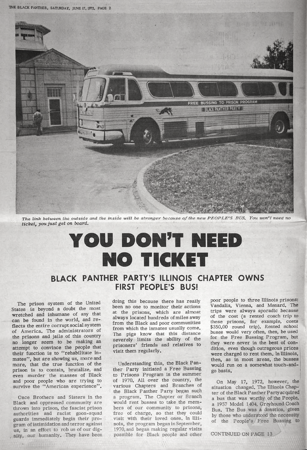 Story on the Illinois Chapter's Free Bus to Prison Program, The Black Panther Newspaper, June 19, 1972