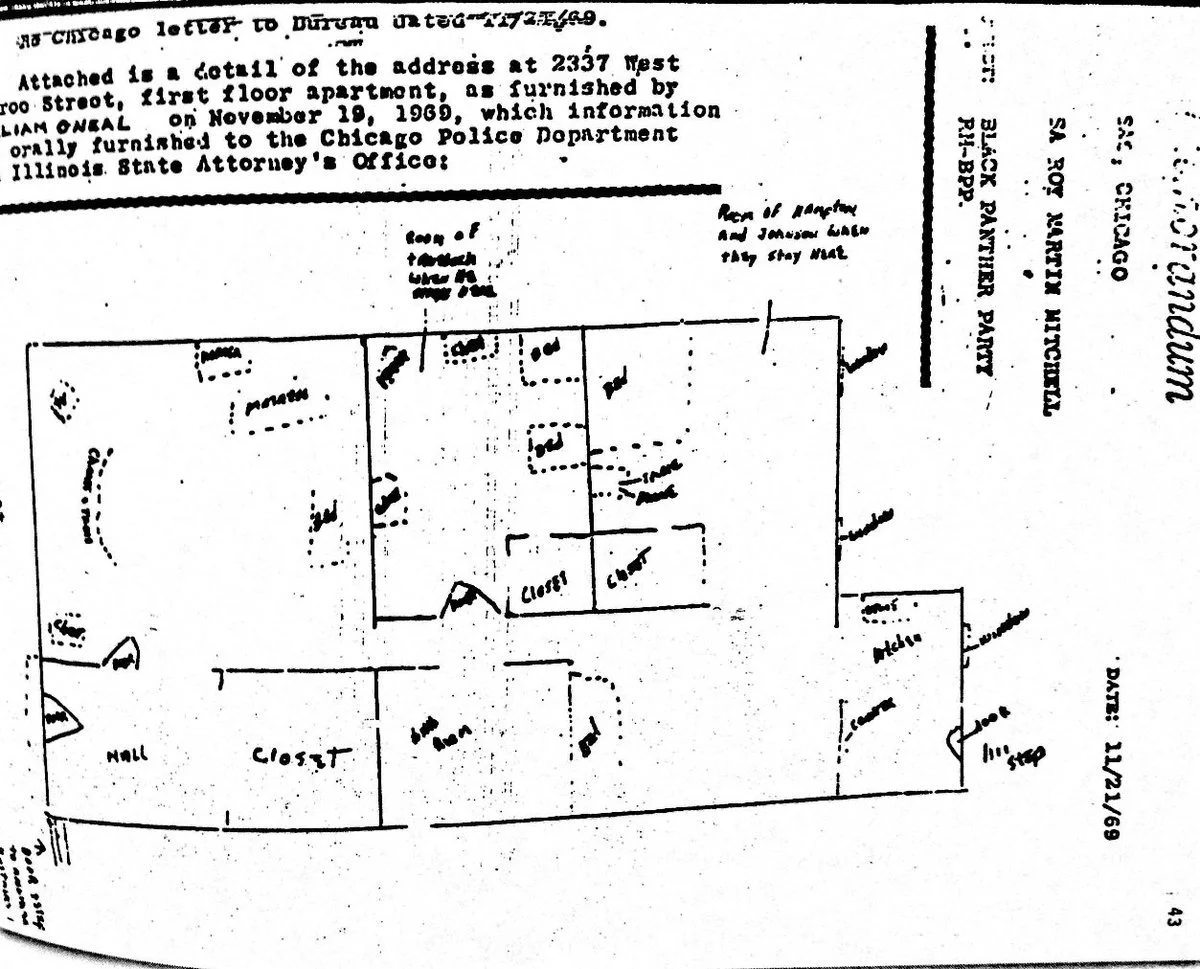 In a circulated FBI Memo dated November 21, 1969, a week after the Spurgeon Jake Winters gun battle with Chicago Police, is a sketch of the 2337 W. Monroe Panther crib. A note says the information had been furnished to the Chicago Police and the Cook
