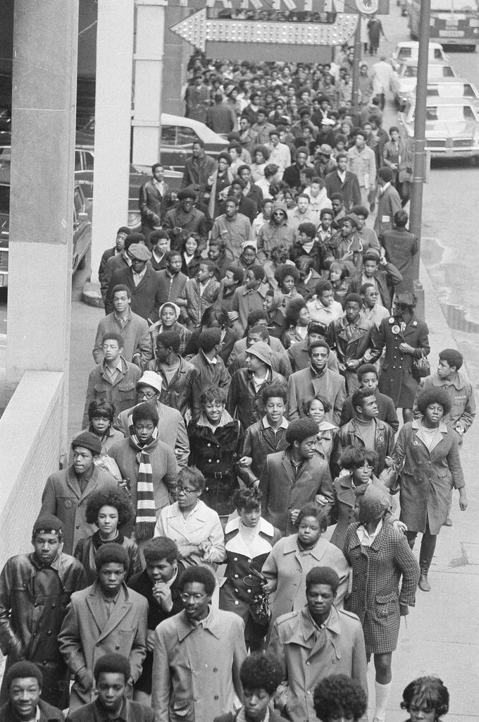 On April 12, 1970, Chicago Public School students participated in a Free Bobby Seale rally organized by the Panthers at Federal Plaza. After the downtown rally, the crowd marched to the People's Church for a meeting. Photo: Duane Hall ST-19030996-000