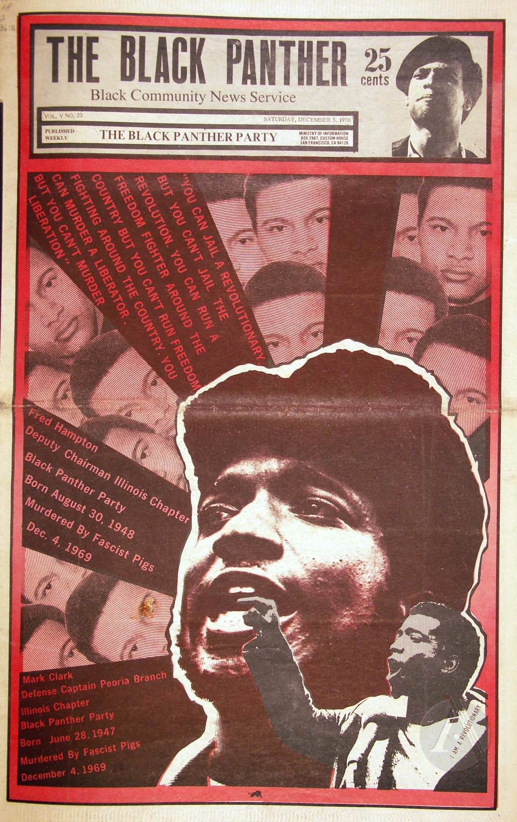 Cover of the Black Panther newspaper, December 8, 1970. This issue was in honor of Fred Hampton and Mark Clark who were executed by police on December 4, 1969.