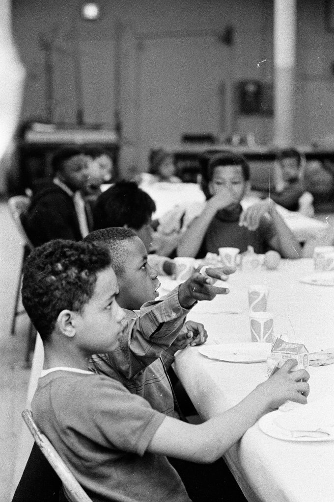 April 1, 1969, children gathered at the Illinois Chapter's Free Breakfast for Children Program at the Better Boys Foundation. Photographer Dave Fornell, ST-19031010-0011, Chicago Sun-Times collection, Chicago History Museum