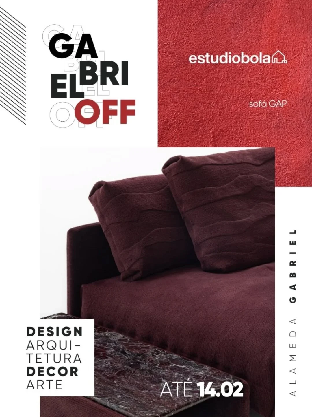 O @estudiobola.gabriel tamb&eacute;m faz parte do GABRIEL OFF, com condi&ccedil;&otilde;es especiais em todas as pe&ccedil;as durante a campanha.
Para mais informa&ccedil;&otilde;es, entre em contato com a equipe comercial:
WhatsApp: 11 91694-6651 
T