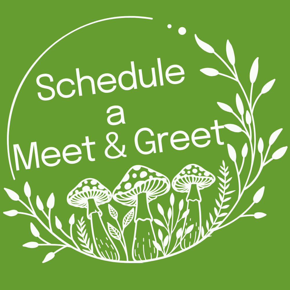 Green background with white text that reads 'Schedule a Meet & Greet' surrounded by white illustrations of mushrooms and leafy plants.