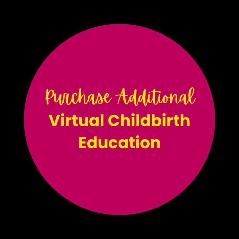 Pink circle with yellow and white text promoting the purchase of additional virtual childbirth education.