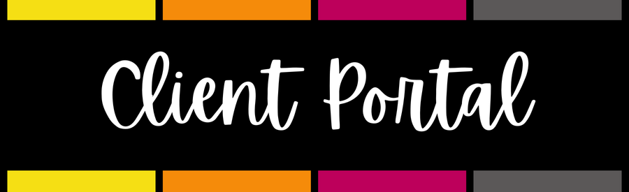 Colorful banner with the words 'Client Portal' in white script font on a black background.