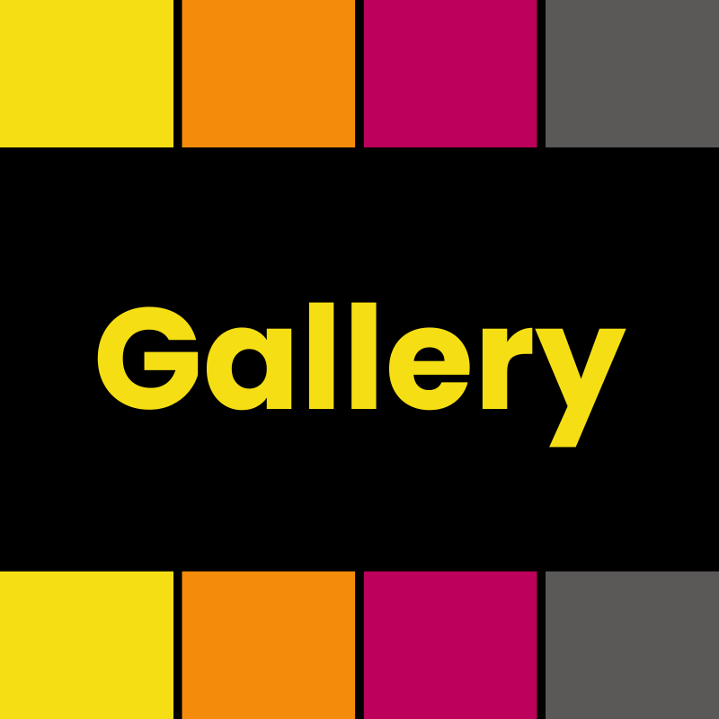 Colorful graphic with a black background and bold yellow text that reads 'Gallery', surrounded by rectangles in yellow, orange, pink, and gray.