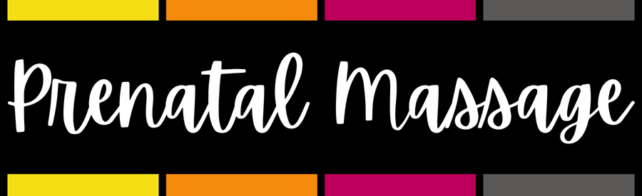 Text reading 'Prenatal Massage' on a colorful background.