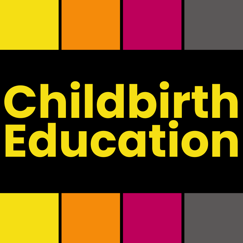 Text reading "Childbirth Education" with colored blocks at the top and bottom.