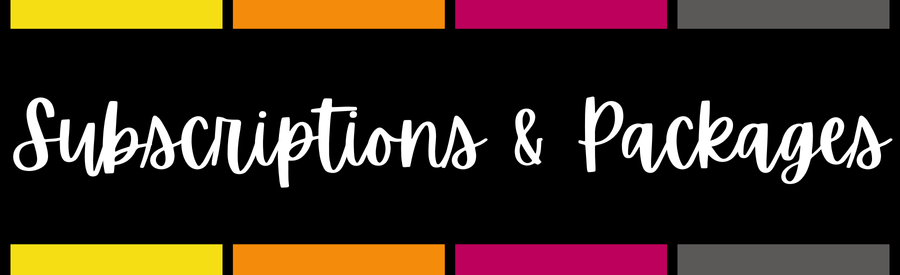 Colorful banner with the text 'Subscriptions & Packages' in white, cursive font on a black background, surrounded by multicolored rectangular bars.