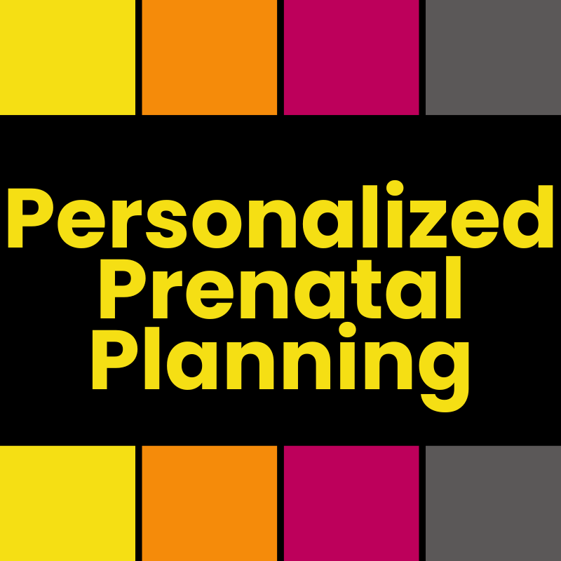 Cover image for a publication titled "Personalized Prenatal Planning" with a black background and colorful rectangular accents at the top and bottom.