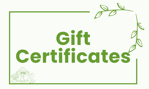 A gift certificate with green text and decorative leaves and mushrooms.