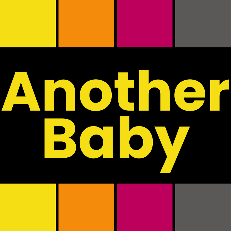 Colorful design with bold text reading "Another Baby" on a black background, surrounded by blocks of yellow, orange, pink, and gray colors.