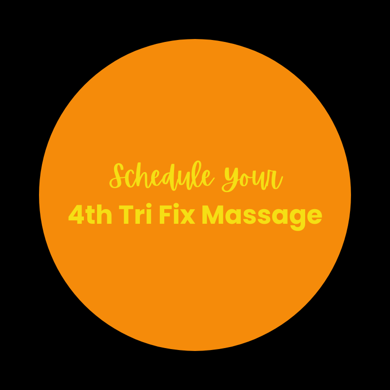 Circular orange button with yellow text that says 'Schedule Your 4th Tri Fix Massage' on a black background.