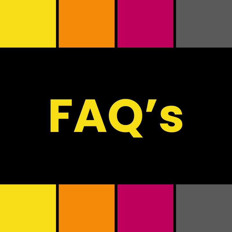 Colorful tile pattern at the top and bottom, with black background and yellow text that reads "FAQ's".