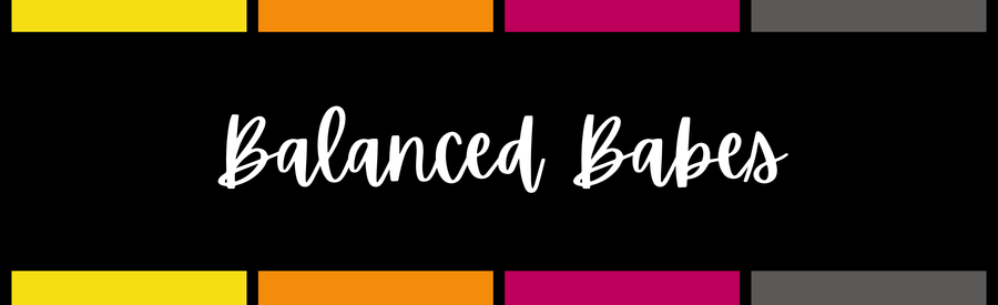 Text that says "Balanced Babes" on a black background with colorful borders.