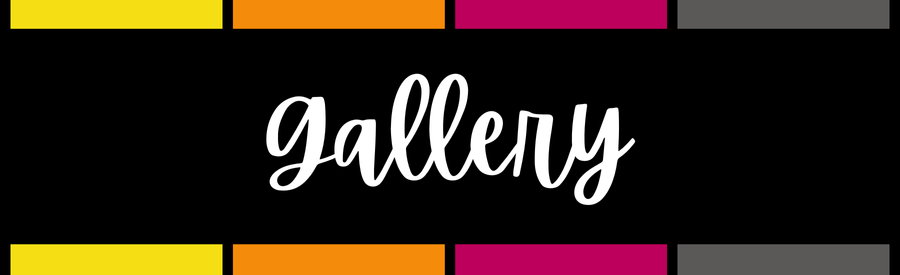 Digital banner with the word 'gallery' in white cursive font, colorful horizontal bars above and below on a black background.