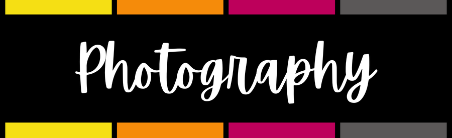 Graphic design with the word 'Photography' written in white cursive font on a black background, framed with colorful horizontal bars at the top and bottom.