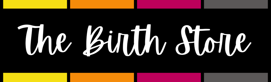 Sign reading "The Birth Store" in stylized white font on a black background with colorful border at top and bottom.