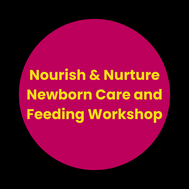 Magenta circle with yellow text promoting a workshop on newborn care and feeding.