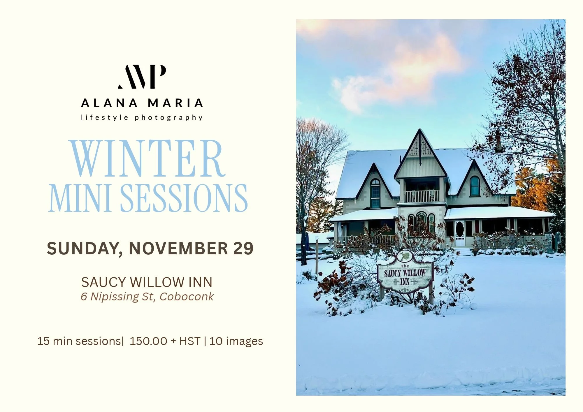 Winter Mini Photo Sessions | November 29 | The Saucy Willow Inn