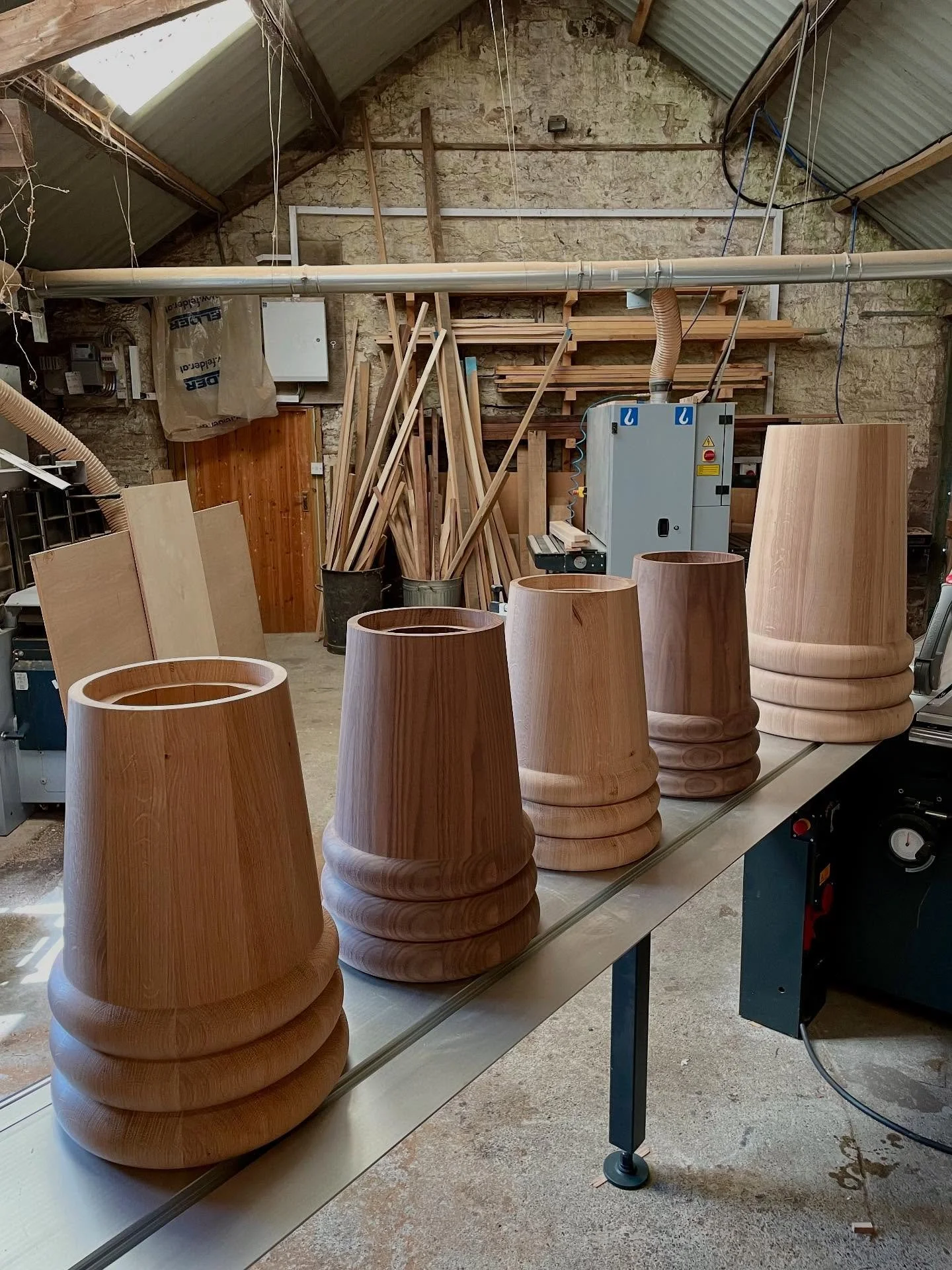 NEW WORKS&hellip;
Large coopered dining table base for an @christian_bense #project and four small side tables awaiting their #marble tops.