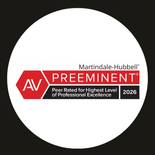 AV Preeminent peer review logo from Martindale-Hubbell, indicating highest level of professional excellence, year 2026.